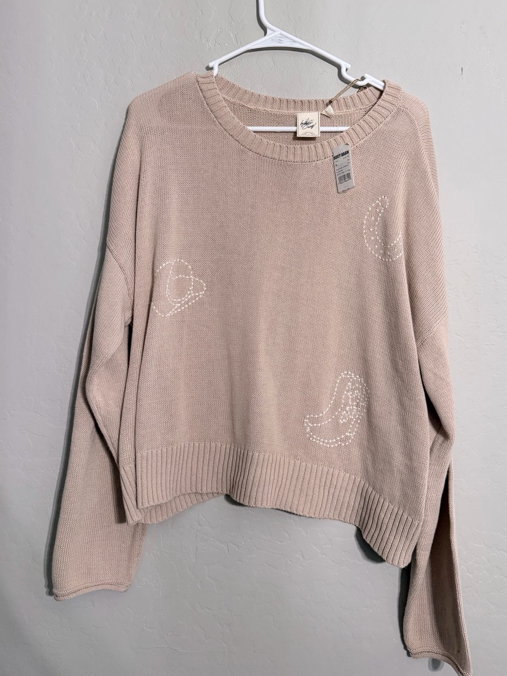 White Crow Soft Crewneck Sweater in Light Taupe with Embroidered Accents